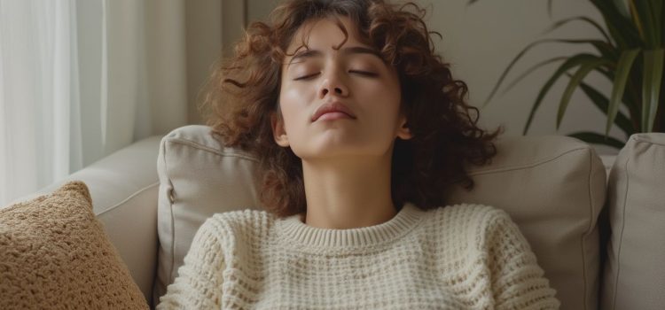 A woman sitting on a sofa with her eyes closed and head tilted back illustrates the felt sense method for processing trauma