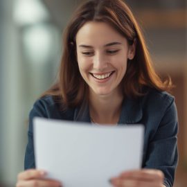 A smiling woman with long brown hair and a denim shirt looking at a goal action plan on a piece of paper