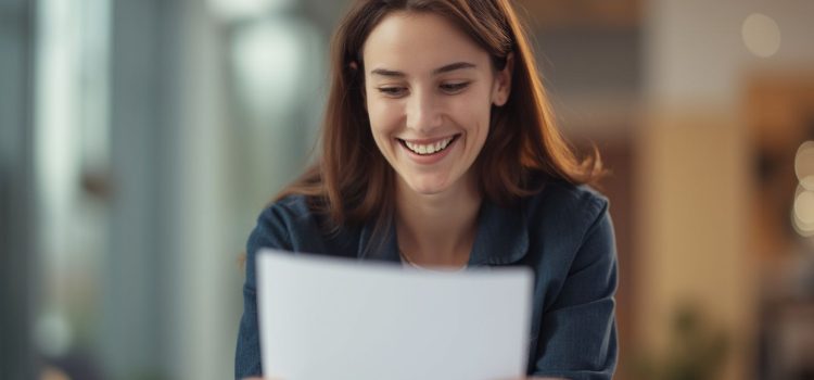 A smiling woman with long brown hair and a denim shirt looking at a goal action plan on a piece of paper