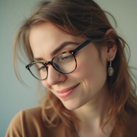 A woman with glasses and earrings smiling and looking down illustrates the question, "What are the traits of autism?"