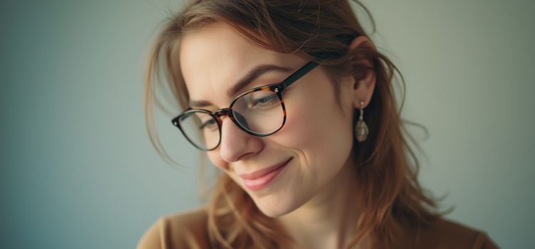 A woman with glasses and earrings smiling and looking down illustrates the question, "What are the traits of autism?"