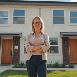 A woman standing in front of a two-story duplex illustrates how to house hack