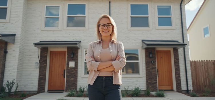 A woman standing in front of a two-story duplex illustrates how to house hack