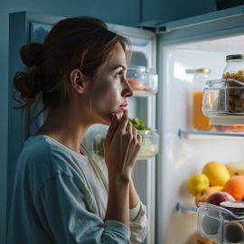 A woman looking in the refrigerator, trying to decide what to eat, illustrates willpower fatigue