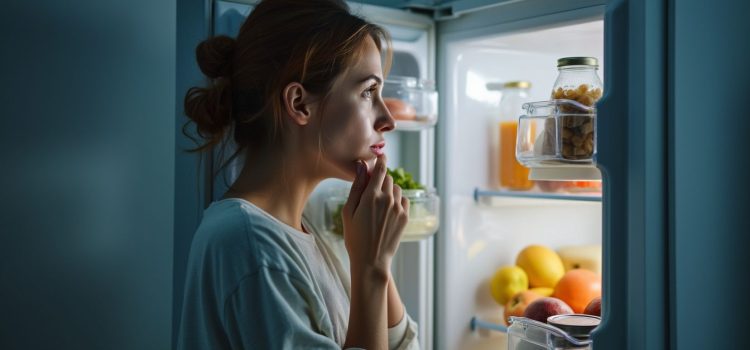 A woman looking in the refrigerator, trying to decide what to eat, illustrates willpower fatigue