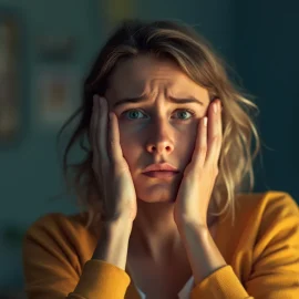 A worried woman with curly hair holding her hands to the sides of her head illustrates different types of anxiety symptoms