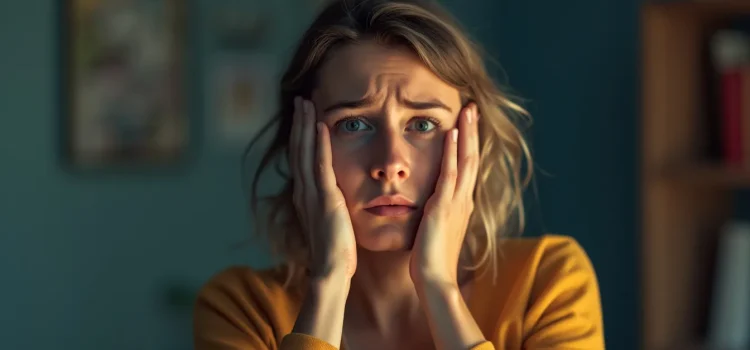 A worried woman with curly hair holding her hands to the sides of her head illustrates different types of anxiety symptoms