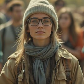 A confident woman with a winter hat and scarf standing in front of a crowd illustrates how to make a difference in the world