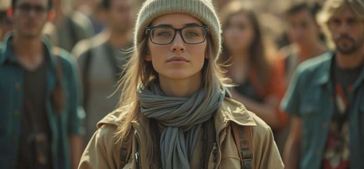 A confident woman with a winter hat and scarf standing in front of a crowd illustrates how to make a difference in the world