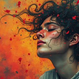 A woman with brown curly hair and closed eyes surrounded by red and black colors illustrates repetition compulsion in trauma