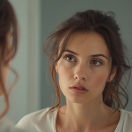 A woman with brown hair and a serious expression looking at her reflection in the mirror illustrates autism self-diagnosis