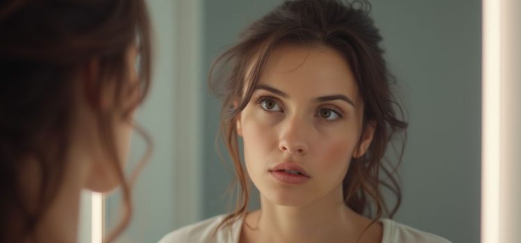 A woman with brown hair and a serious expression looking at her reflection in the mirror illustrates autism self-diagnosis