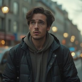 A worried man with wavy brown hair and a jacket and walking in a city raises the question, "Does overthinking cause anxiety?"