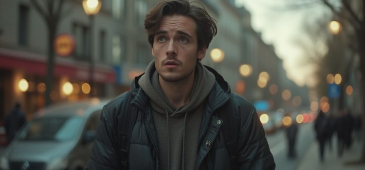 A worried man with wavy brown hair and a jacket and walking in a city raises the question, "Does overthinking cause anxiety?"