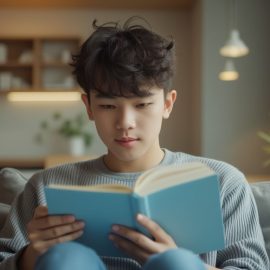 A young man with curly dark hair reading a light blue hardcover book while sitting on a couch at home