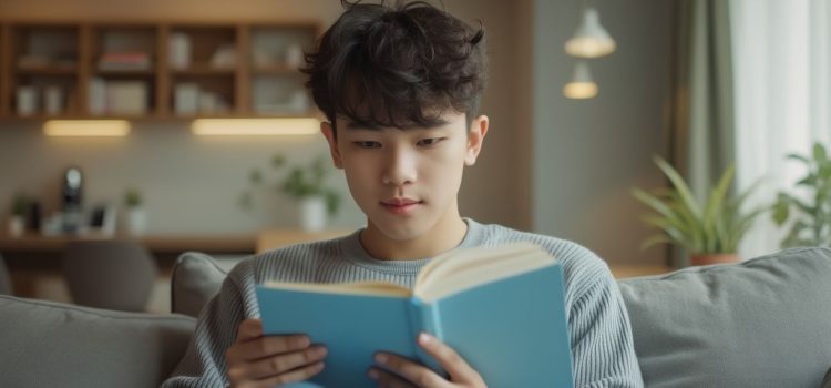 A young man with curly dark hair reading a light blue hardcover book while sitting on a couch at home