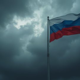 A Russian flag flying amidst storm clouds illustrates Western sanctions on Russia