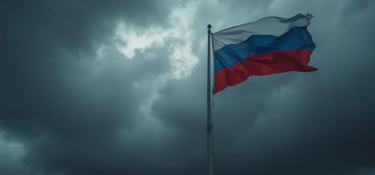 A Russian flag flying amidst storm clouds illustrates Western sanctions on Russia