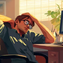 An artistic rendering of an exhausted man sitting at a computer desk looking burned out from work