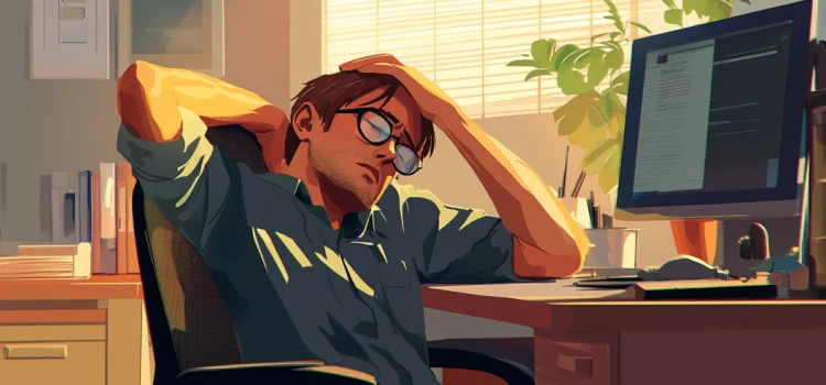 An artistic rendering of an exhausted man sitting at a computer desk looking burned out from work