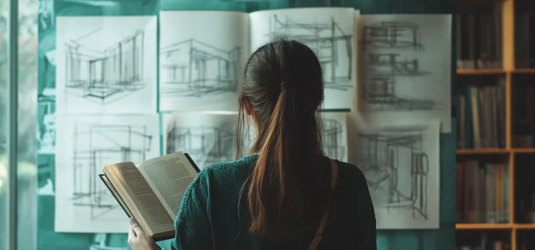 An architect reading a book in front of architecture drawings on a wall