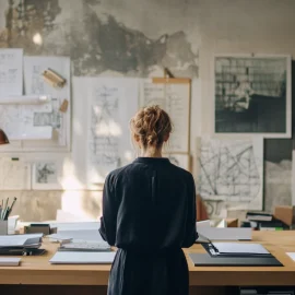 A woman using architecture skills in their workspace full of sketches