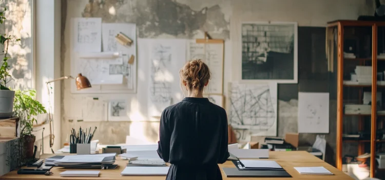 A woman using architecture skills in their workspace full of sketches