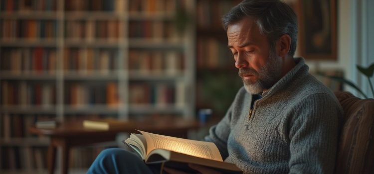 A man with a gray beard and sweater sitting on a couch and reading a book with a table and bookcases in the background