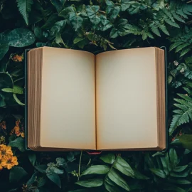 Blank pages in a book laying on plants and flowers