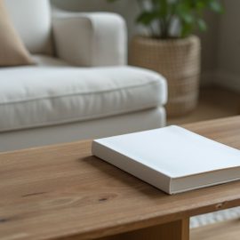 A book with a plain cover lying on a coffee table in a living room