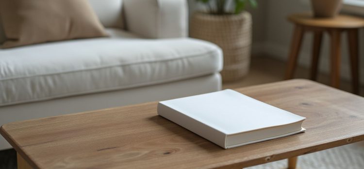 A book with a plain cover lying on a coffee table in a living room