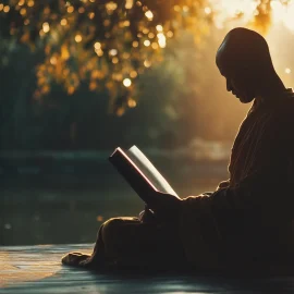 A buddhist reading a book by the water