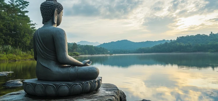 A statue of a buddhist practicing mindfulness meditation in front of a lake