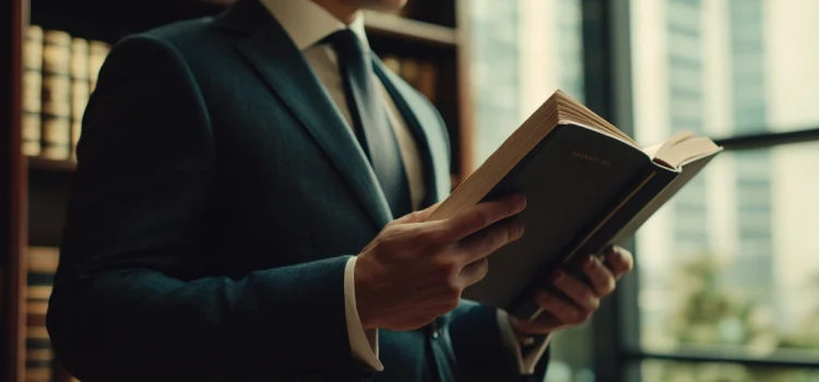 A business person reading a book in front of a bookshelf