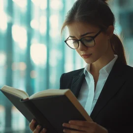 A woman wearing a suit and glasses and reading a book in an office building