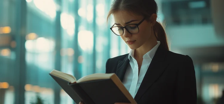 A woman wearing a suit and glasses and reading a book in an office building