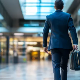 A businessman walking into a building and holding a bag