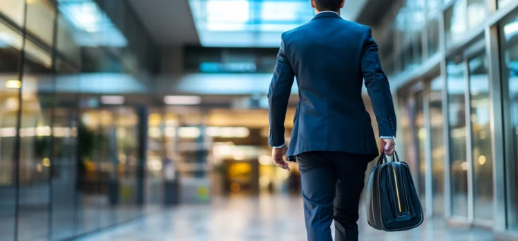 A businessman walking into a building and holding a bag