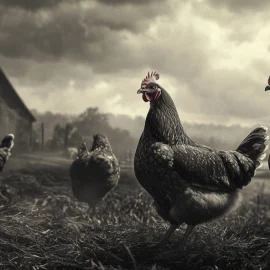 A black and white image of chickens on a farm as worries of a bird flu pandemic arise