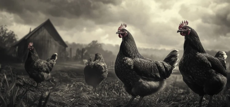 A black and white image of chickens on a farm as worries of a bird flu pandemic arise