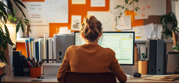 A woman who knows how to eliminate distractions, working on a computer in a clean and organized office