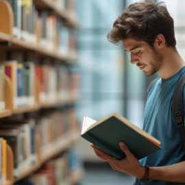 A college student reading a book in a library