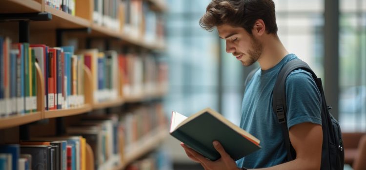 A college student reading a book in a library