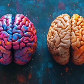 A colorful brain next to a yellow brain, representing common misconceptions about adhd