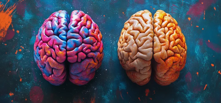 A colorful brain next to a yellow brain, representing common misconceptions about adhd