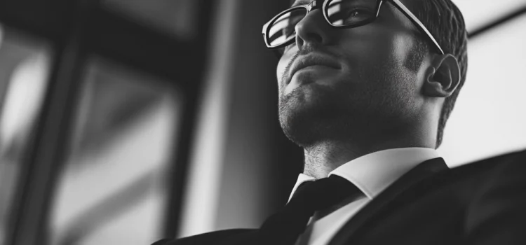 A close-up image of a confident and serious man in a business suit and eyeglasses illustrates negotiating power