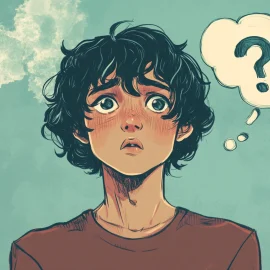 A confused boy suffering from ADHD memory issues with a thought bubble that has a question mark inside of it