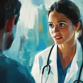 An artistic rendering of a female doctor conversing with a male patient, signifying his right to healthcare