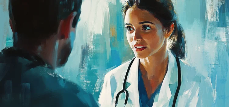 An artistic rendering of a female doctor conversing with a male patient, signifying his right to healthcare