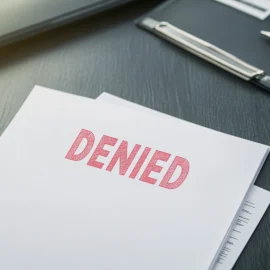 A document on a table that has the word "denied" stamped on it in red, referencing the bad healthcare in the US